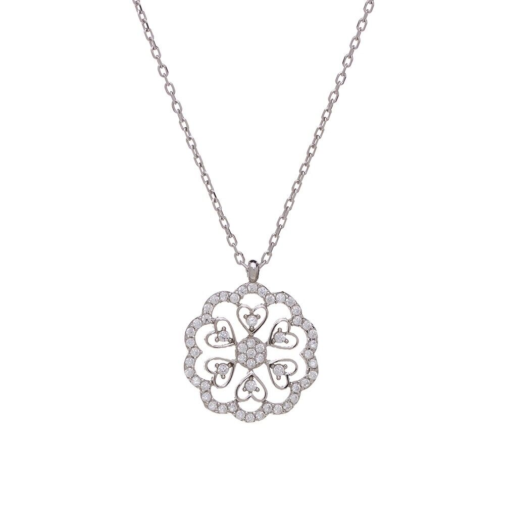 Kalp Detaylı Çiçek Model Zirkon Taşlı 925 Ayar Gümüş Kadın Kolye