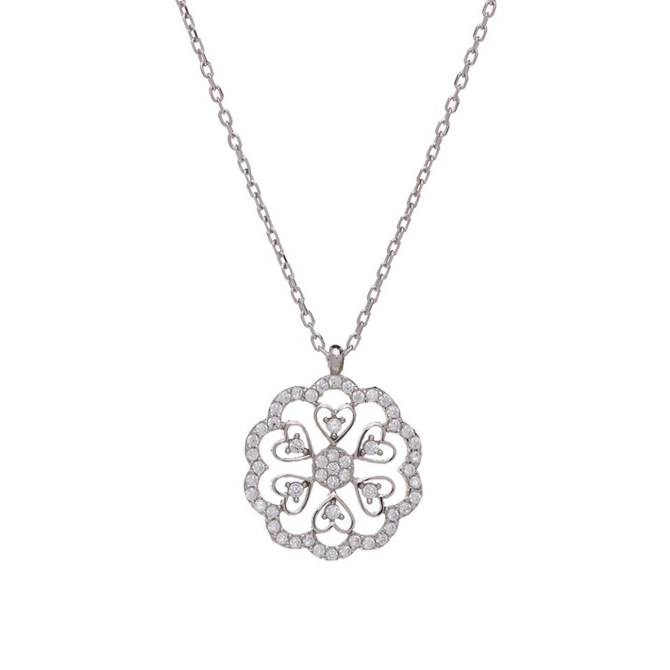 Kalp Detaylı Çiçek Model Zirkon Taşlı 925 Ayar Gümüş Kadın Kolye