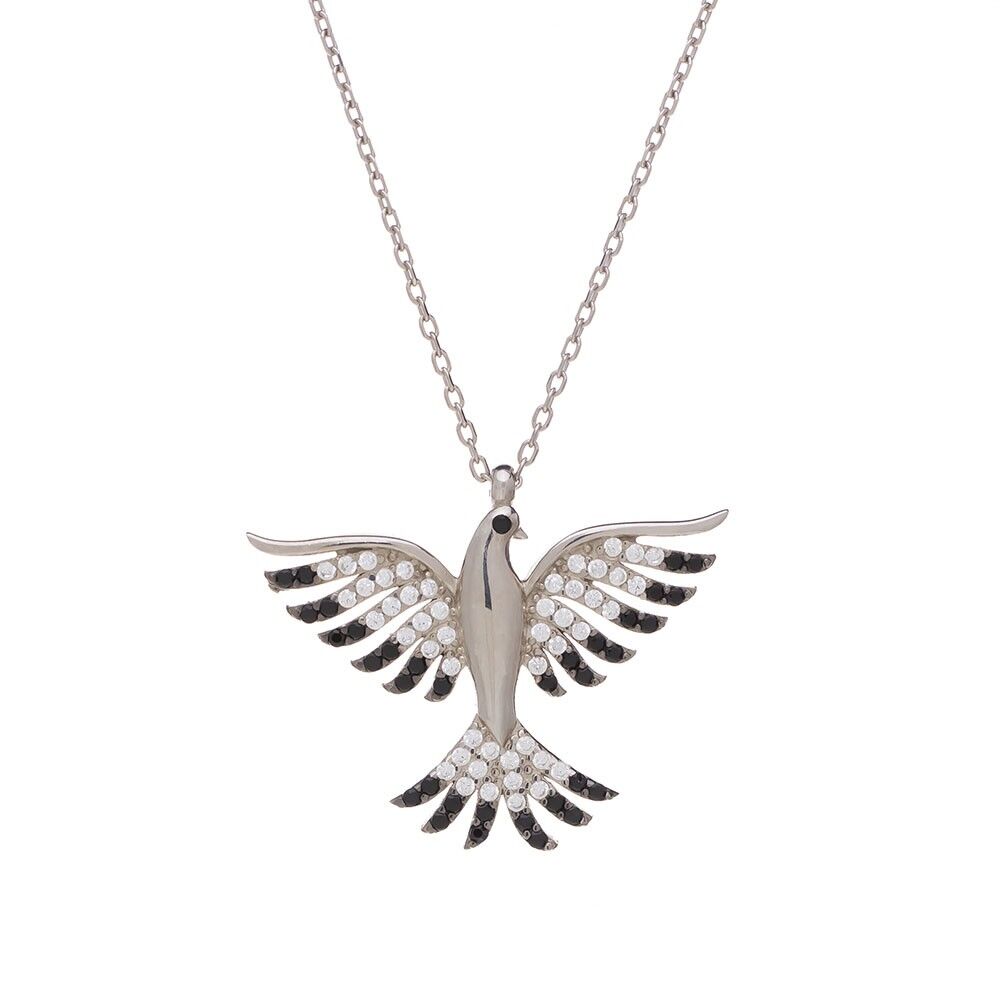 Siyah Zirkon Taşlı Anka Kuşu Model 925 Ayar Gümüş Kadın Kolye