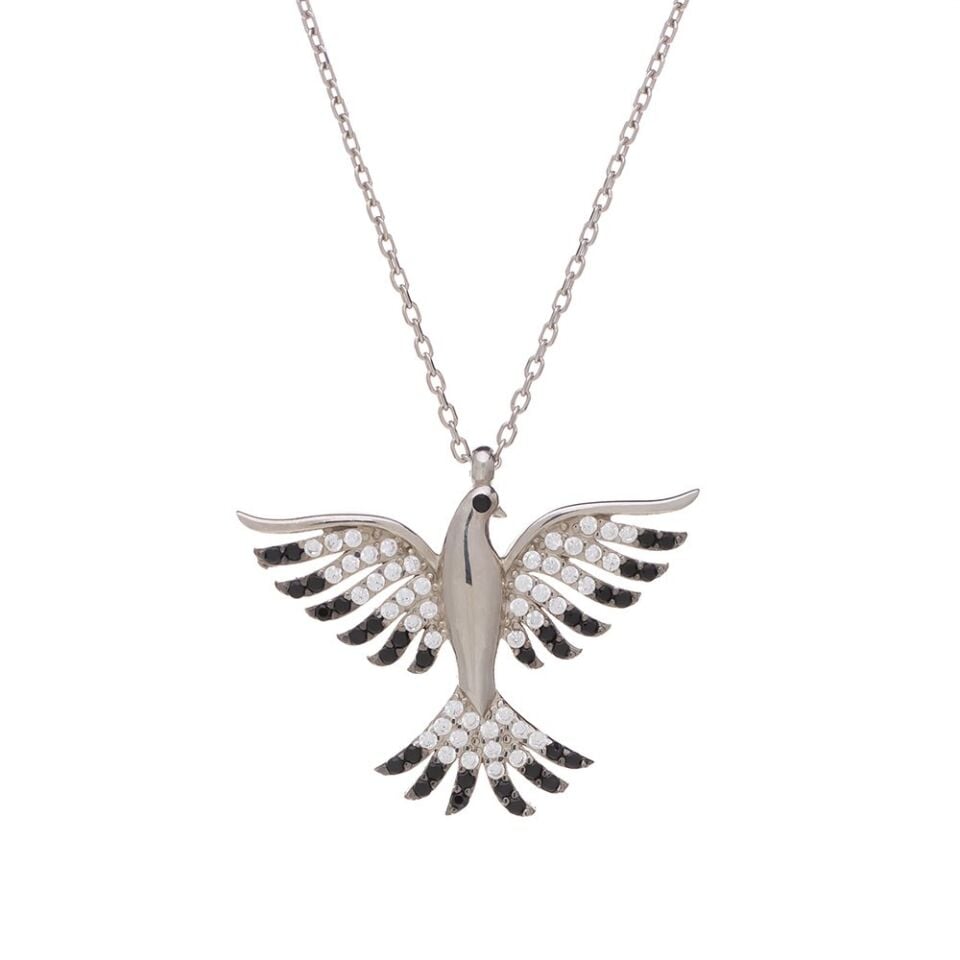 Siyah Zirkon Taşlı Anka Kuşu Model 925 Ayar Gümüş Kadın Kolye