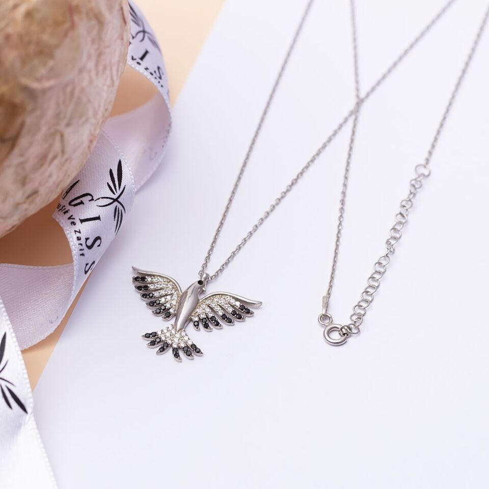 Siyah Zirkon Taşlı Anka Kuşu Model 925 Ayar Gümüş Kadın Kolye