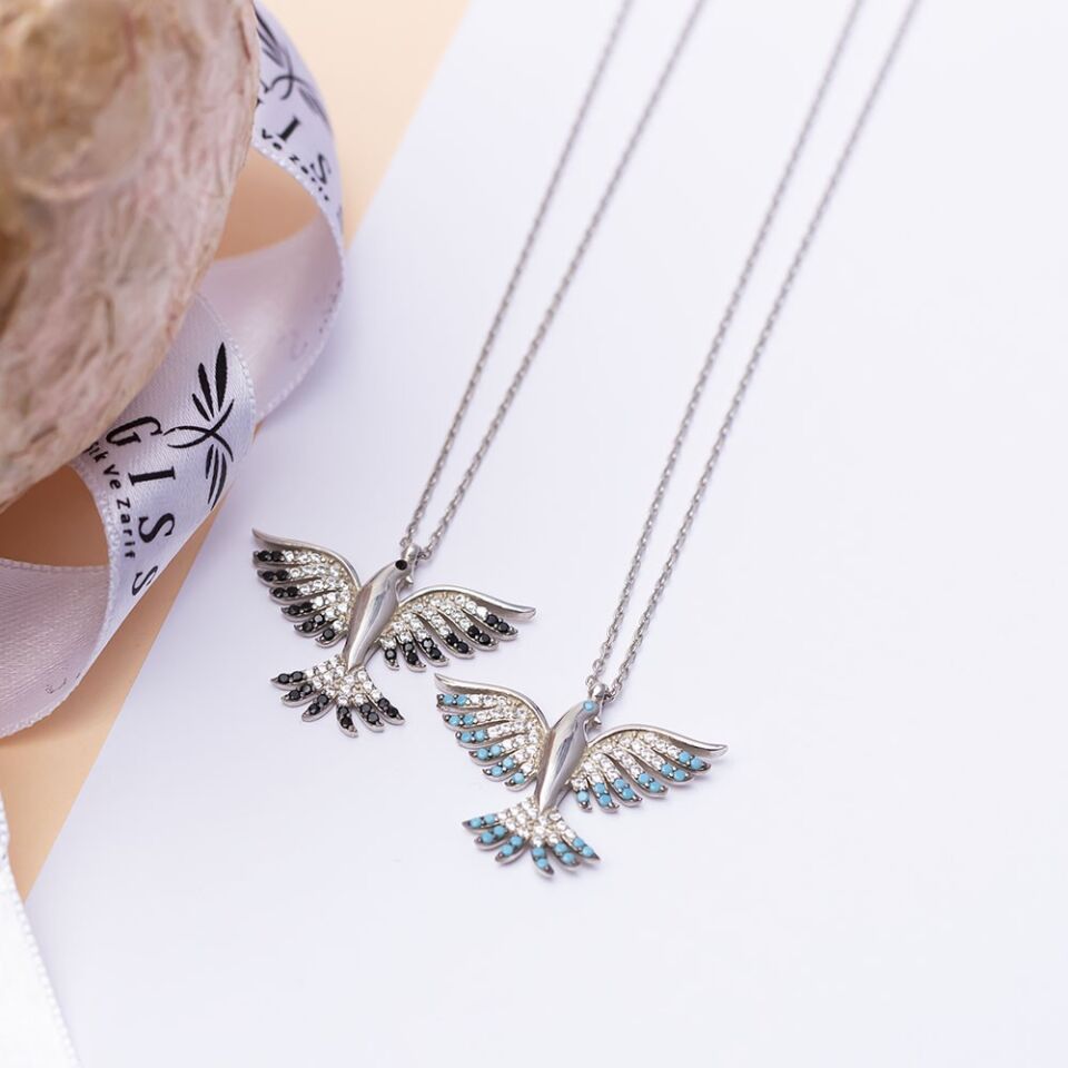 Siyah Zirkon Taşlı Anka Kuşu Model 925 Ayar Gümüş Kadın Kolye