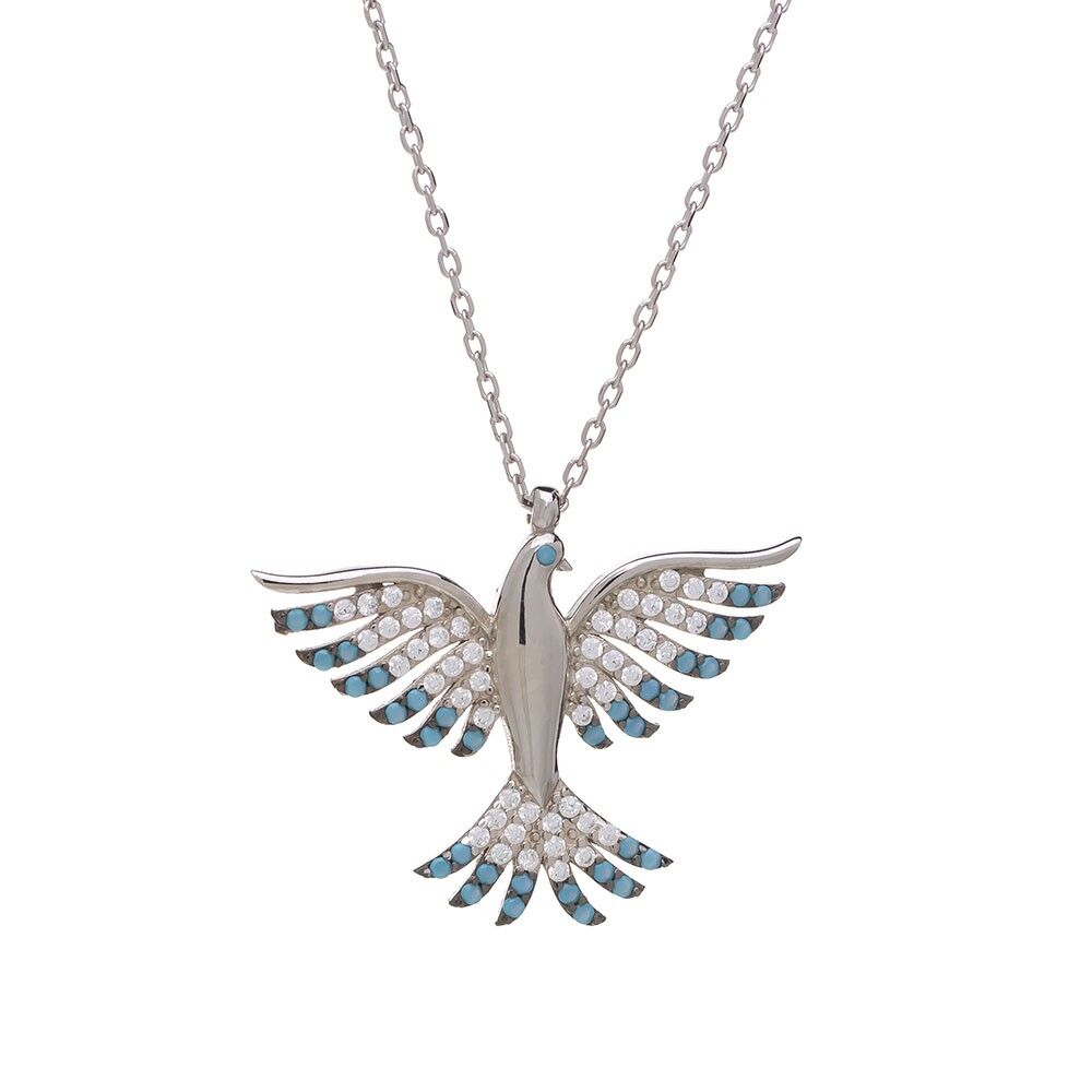 Mavi Turkuaz Zirkon Taşlı Anka Kuşu Model 925 Ayar Gümüş Kadın Kolye