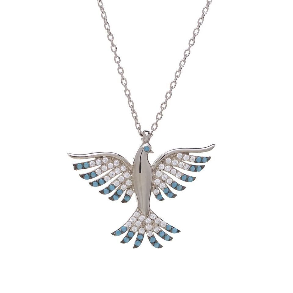 Mavi Turkuaz Zirkon Taşlı Anka Kuşu Model 925 Ayar Gümüş Kadın Kolye