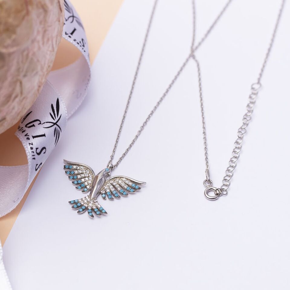 Mavi Turkuaz Zirkon Taşlı Anka Kuşu Model 925 Ayar Gümüş Kadın Kolye
