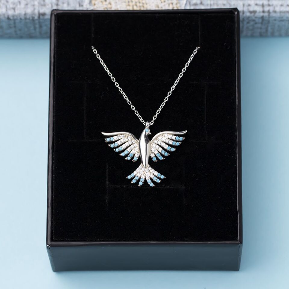 Mavi Turkuaz Zirkon Taşlı Anka Kuşu Model 925 Ayar Gümüş Kadın Kolye
