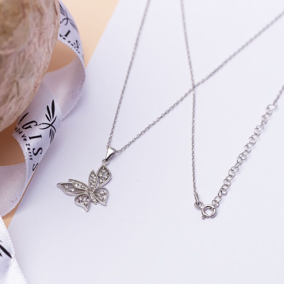 Kelebek Zirkon Taşlı Model-3 925 Ayar Gümüş Kadın Kolye