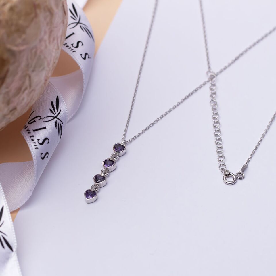 Mor Zirkon Taşlı 4'lü Kalp Model 925 Ayar Gümüş Kadın Kolye