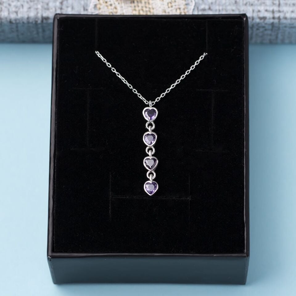 Mor Zirkon Taşlı 4'lü Kalp Model 925 Ayar Gümüş Kadın Kolye