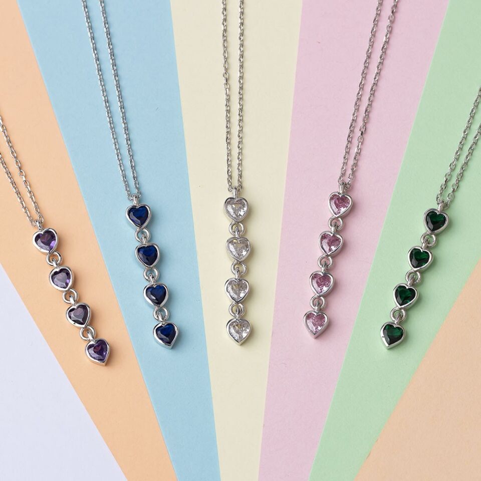 Mor Zirkon Taşlı 4'lü Kalp Model 925 Ayar Gümüş Kadın Kolye