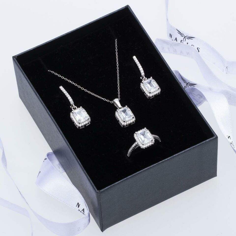 6-8 mm Baget Zirkon Taşlı 925 Ayar Gümüş 3'lü Kadın Set