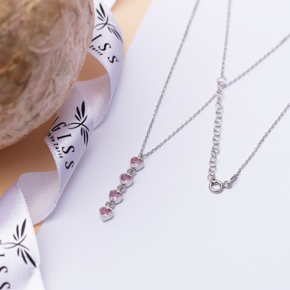 Pembe Zirkon Taşlı 4'lü Kalp Model 925 Ayar Gümüş Kadın Kolye