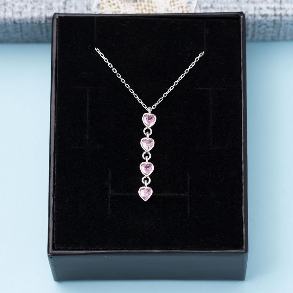 Pembe Zirkon Taşlı 4'lü Kalp Model 925 Ayar Gümüş Kadın Kolye