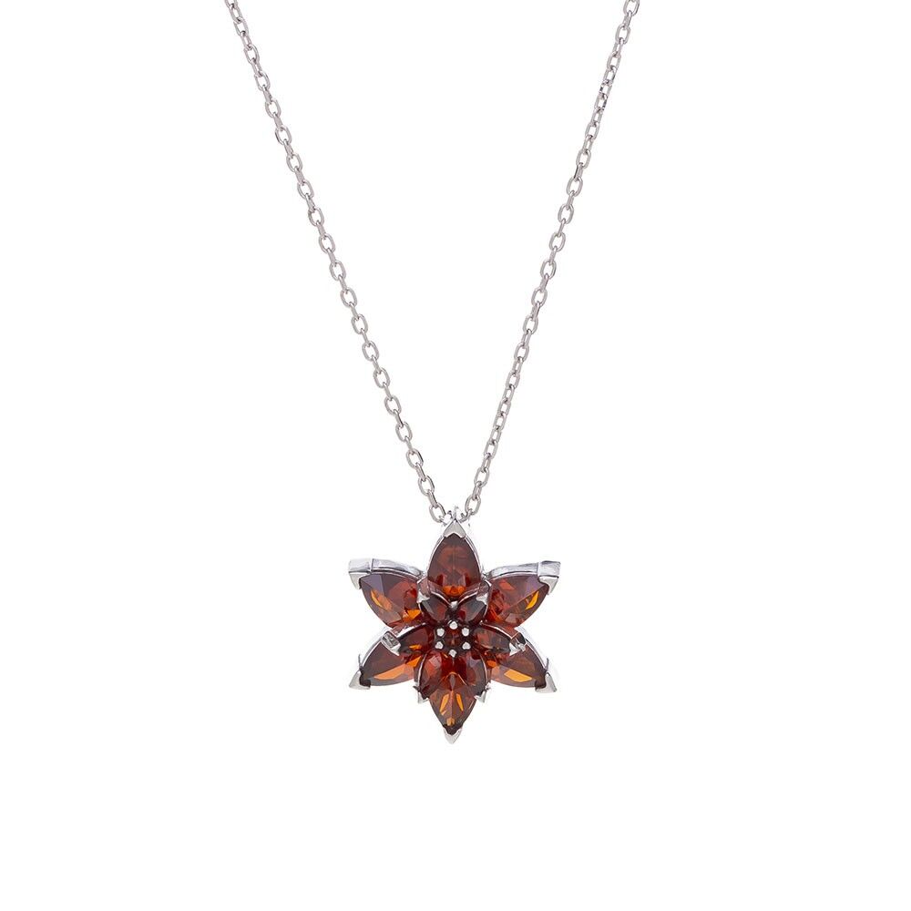 Lotus Çiçeği Kırmızı Zirkon Taşlı 925 Ayar Gümüş Kadın Kolye