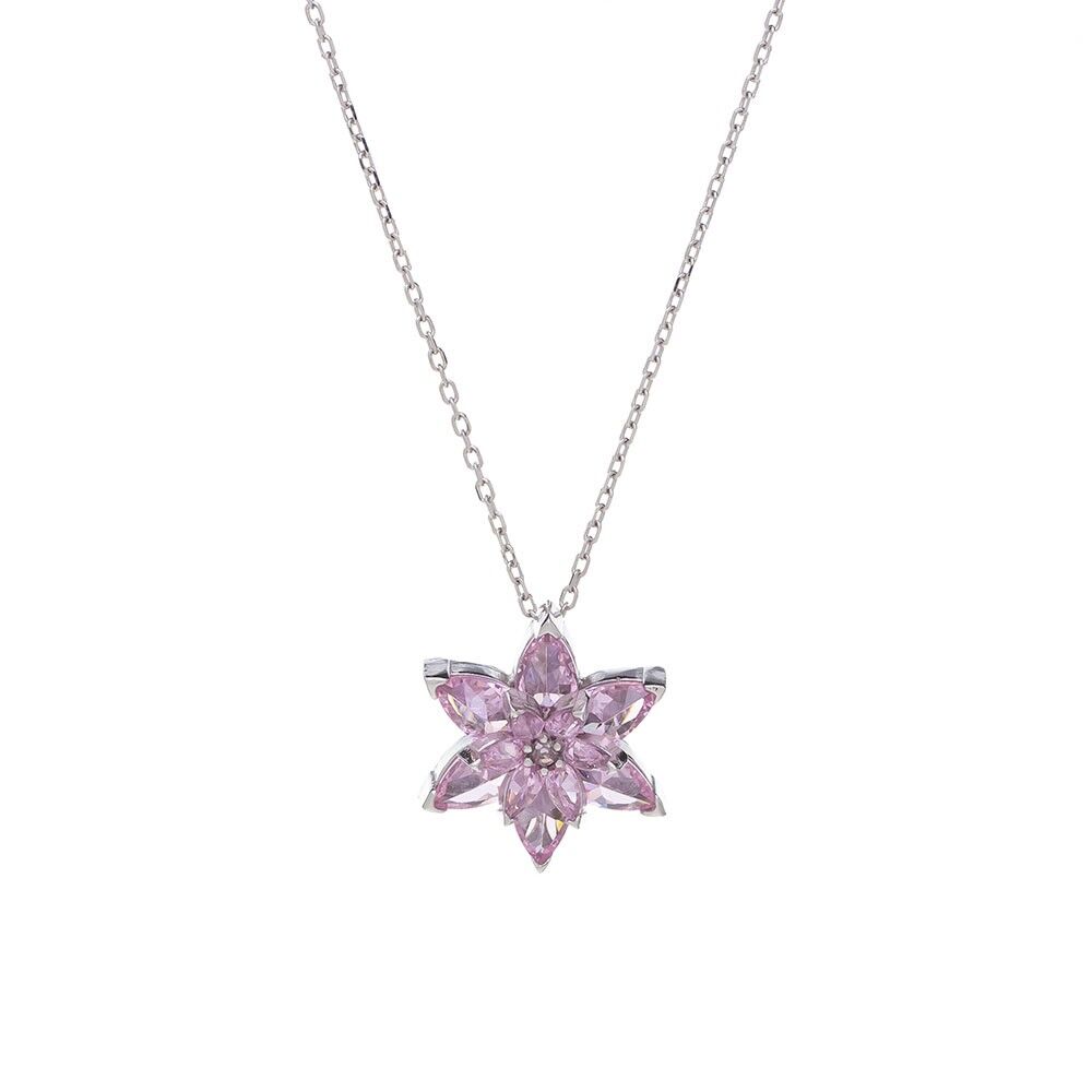 Lotus Çiçeği Pembe Zirkon Taşlı 925 Ayar Gümüş Kadın Kolye