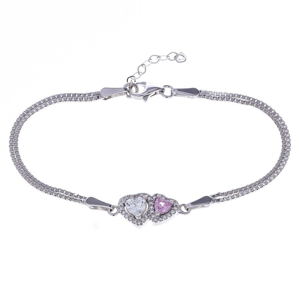 2'li Kalp Model Pembe Şeffaf Zirkon Taşlı 925 Ayar Gümüş Kadın Bileklik