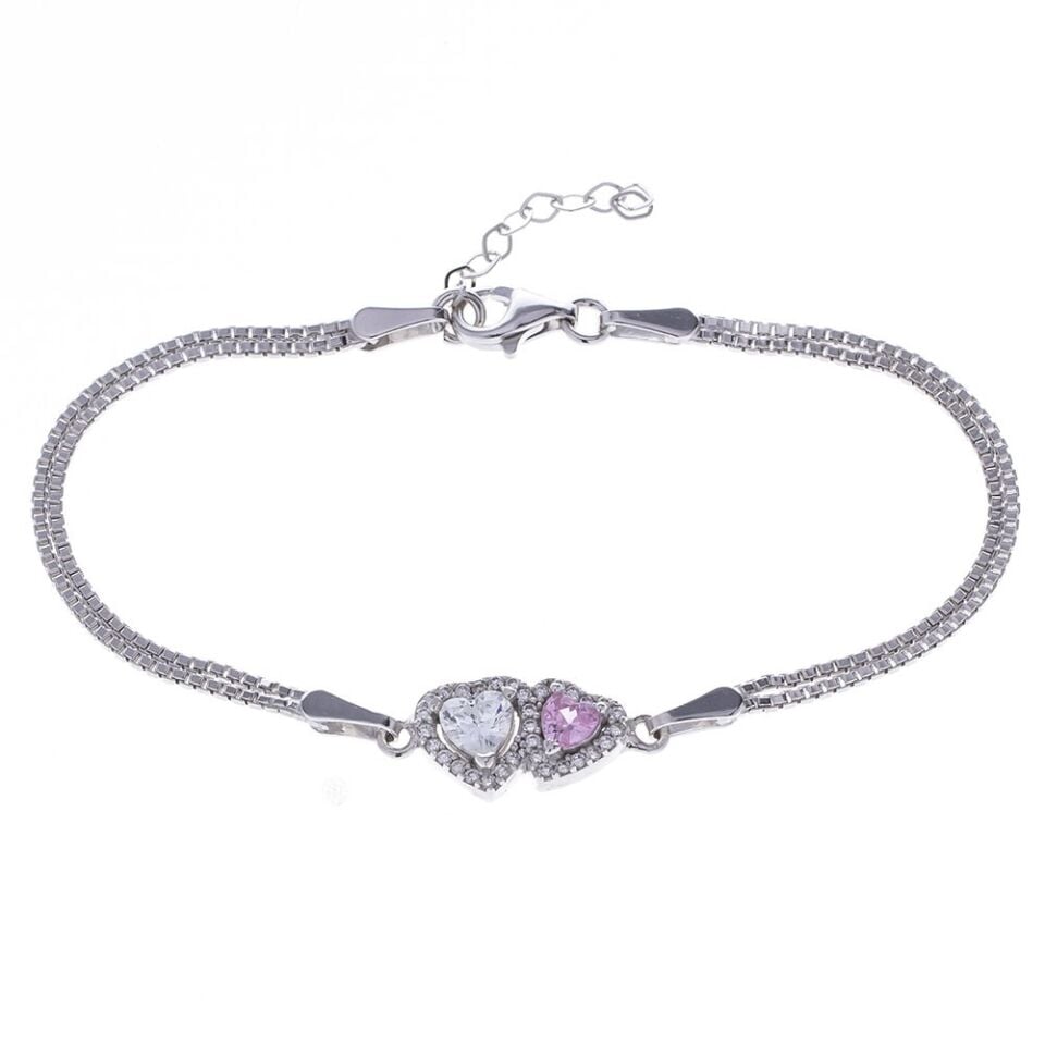 2'li Kalp Model Pembe Şeffaf Zirkon Taşlı 925 Ayar Gümüş Kadın Bileklik