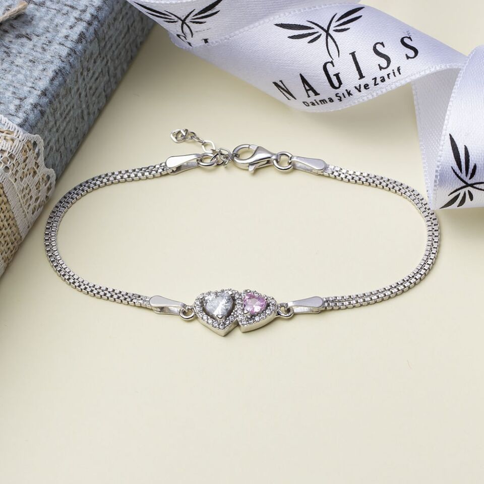 2'li Kalp Model Pembe Şeffaf Zirkon Taşlı 925 Ayar Gümüş Kadın Bileklik