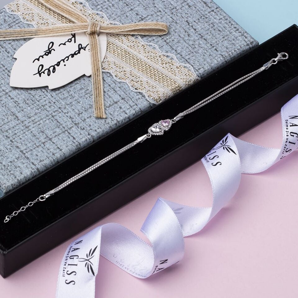 2'li Kalp Model Pembe Şeffaf Zirkon Taşlı 925 Ayar Gümüş Kadın Bileklik