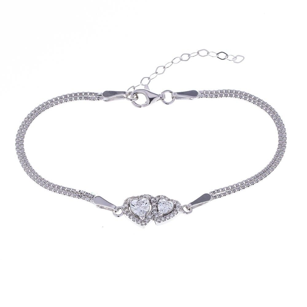 2'li Kalp Model Şeffaf Zirkon Taşlı 925 Ayar Gümüş Kadın Bileklik