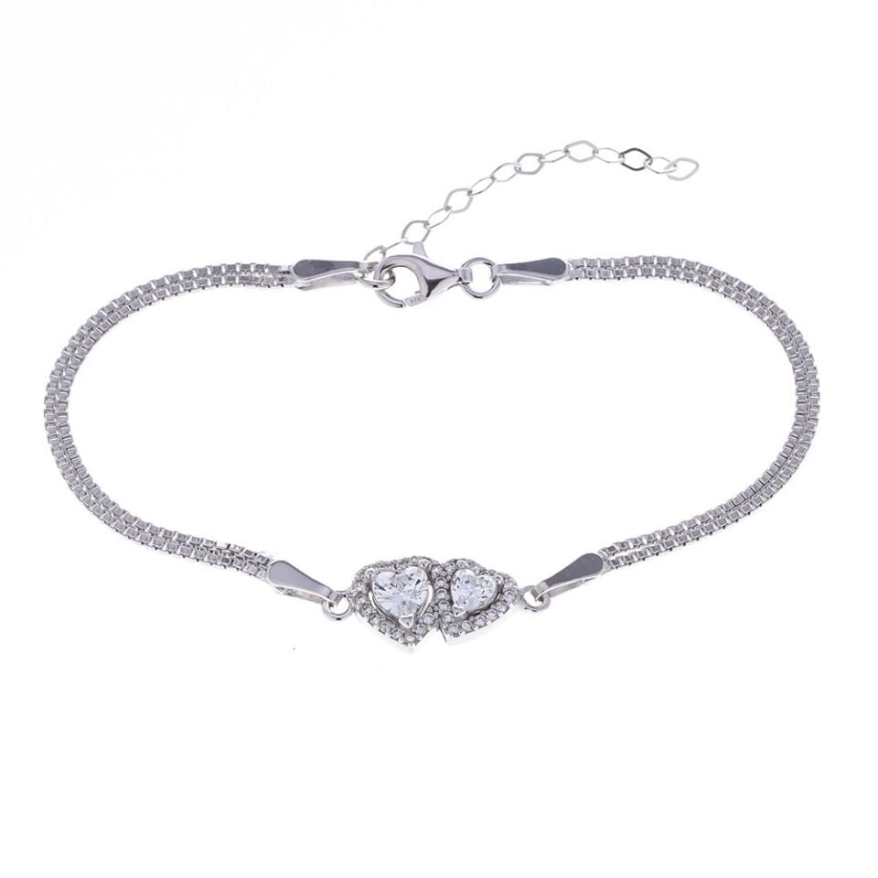 2'li Kalp Model Şeffaf Zirkon Taşlı 925 Ayar Gümüş Kadın Bileklik