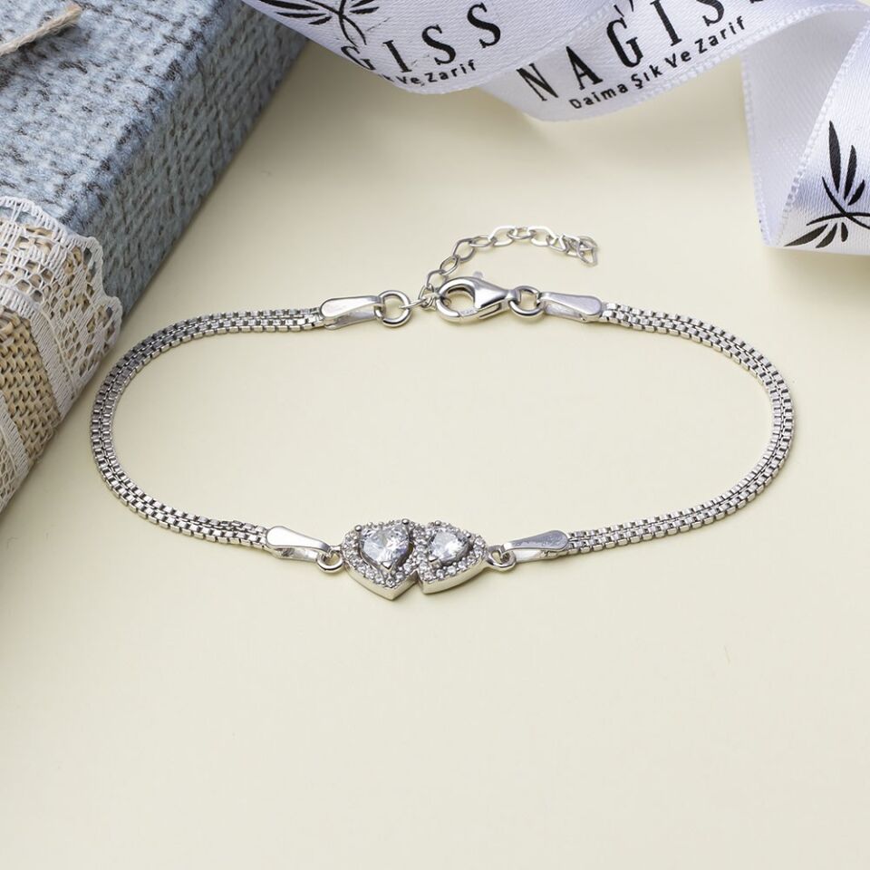 2'li Kalp Model Şeffaf Zirkon Taşlı 925 Ayar Gümüş Kadın Bileklik