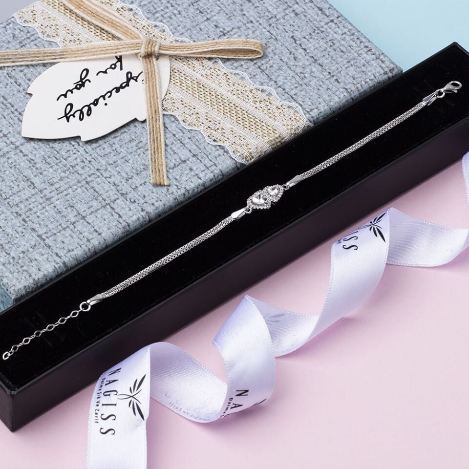 2'li Kalp Model Şeffaf Zirkon Taşlı 925 Ayar Gümüş Kadın Bileklik