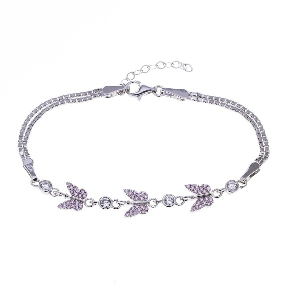 3'lü Kelebek Model Pembe Zirkon Taşlı 925 Ayar Gümüş Kadın Bileklik