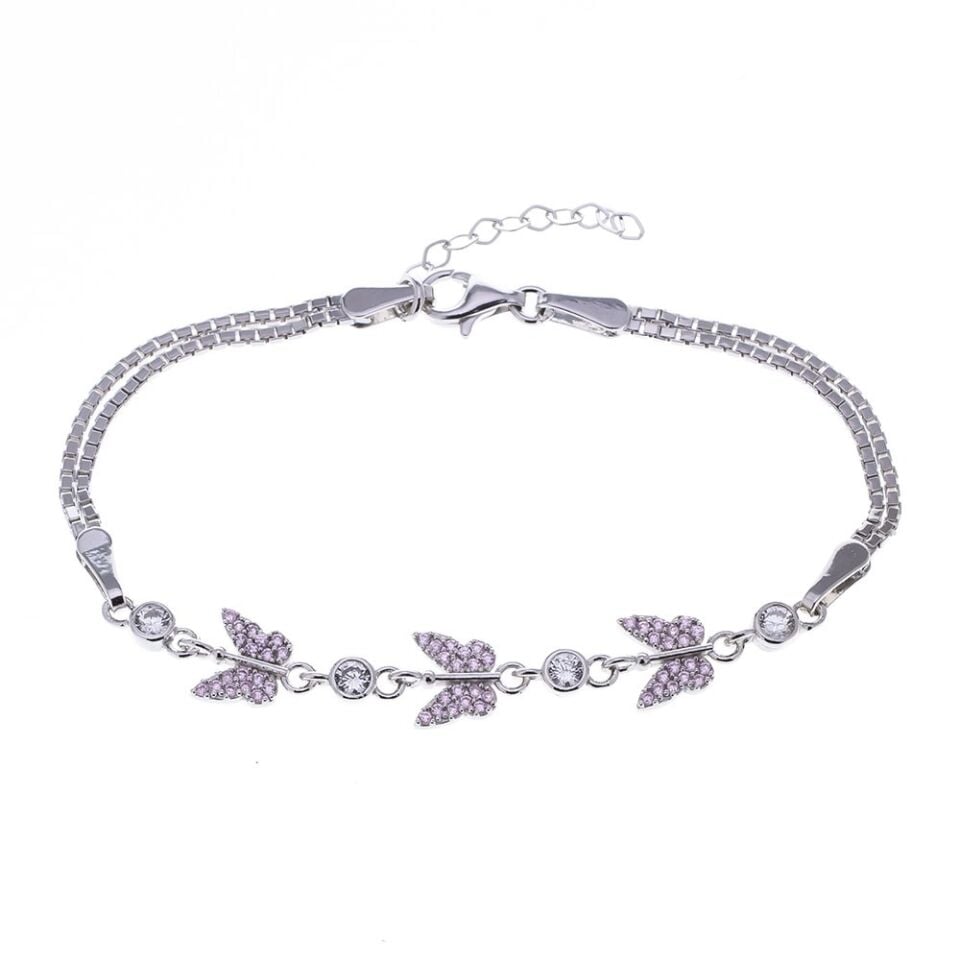 3'lü Kelebek Model Pembe Zirkon Taşlı 925 Ayar Gümüş Kadın Bileklik