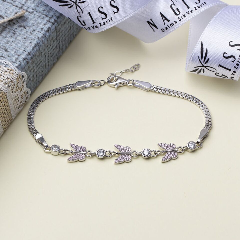 3'lü Kelebek Model Pembe Zirkon Taşlı 925 Ayar Gümüş Kadın Bileklik