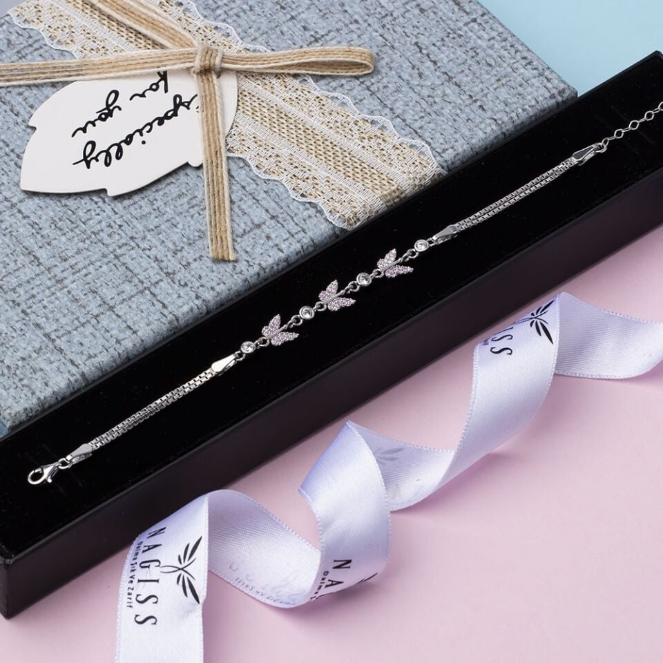 3'lü Kelebek Model Pembe Zirkon Taşlı 925 Ayar Gümüş Kadın Bileklik