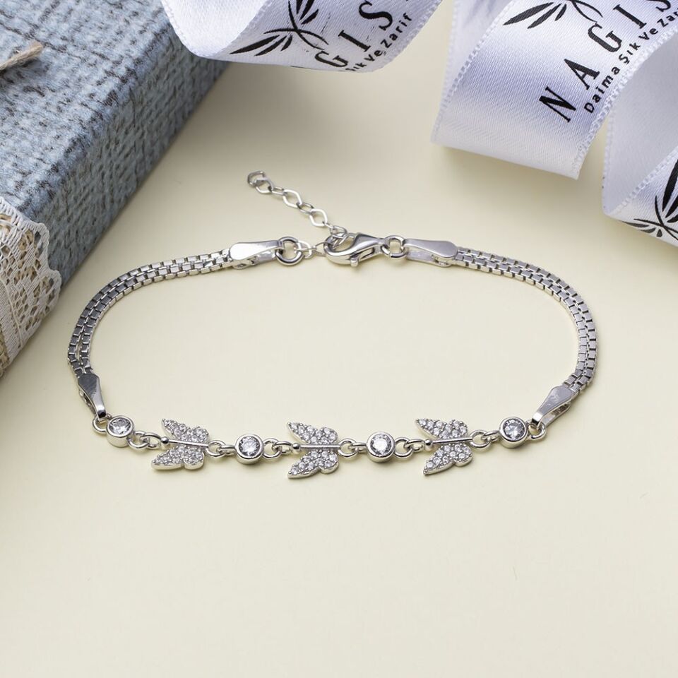 3'lü Kelebek Model Zirkon Taşlı 925 Ayar Gümüş Kadın Bileklik