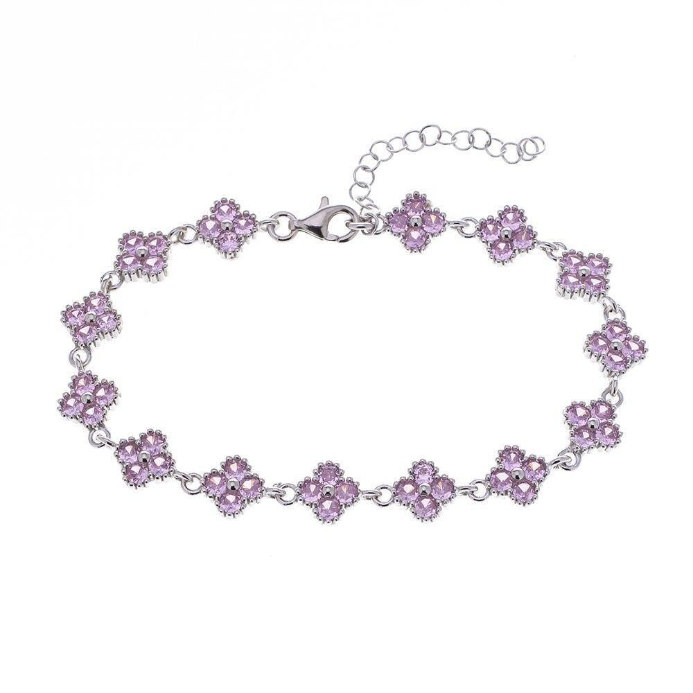 Yonca Model Pembe Zirkon Taşlı 925 Ayar Gümüş Kadın Bileklik