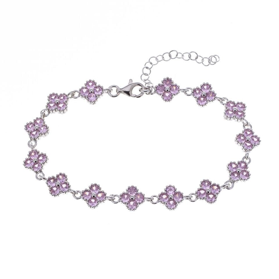 Yonca Model Pembe Zirkon Taşlı 925 Ayar Gümüş Kadın Bileklik