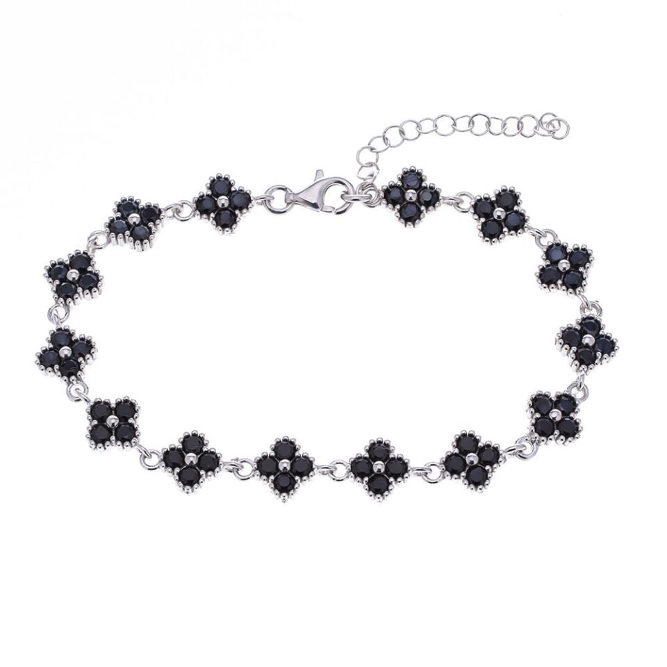 Yonca Model Siyah Zirkon Taşlı 925 Ayar Gümüş Kadın Bileklik