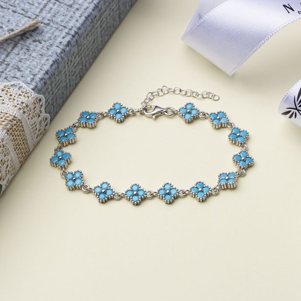 Yonca Model Turkuaz Zirkon Taşlı 925 Ayar Gümüş Kadın Bileklik