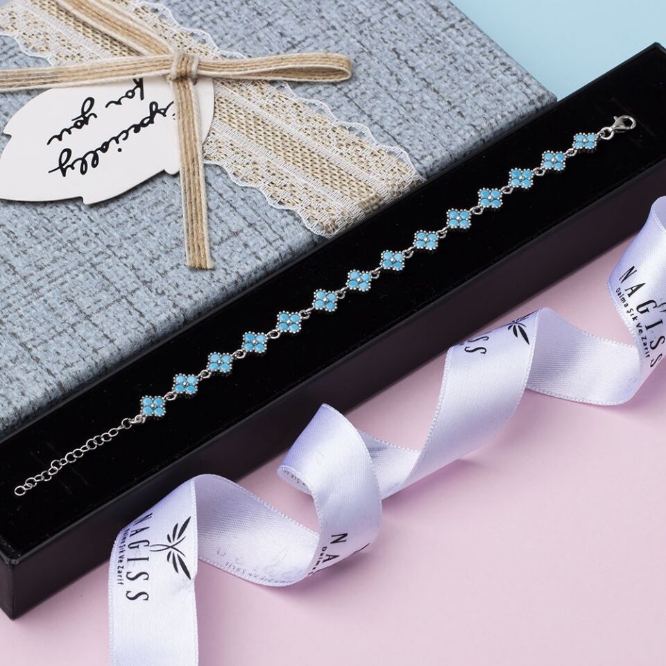 Yonca Model Turkuaz Zirkon Taşlı 925 Ayar Gümüş Kadın Bileklik