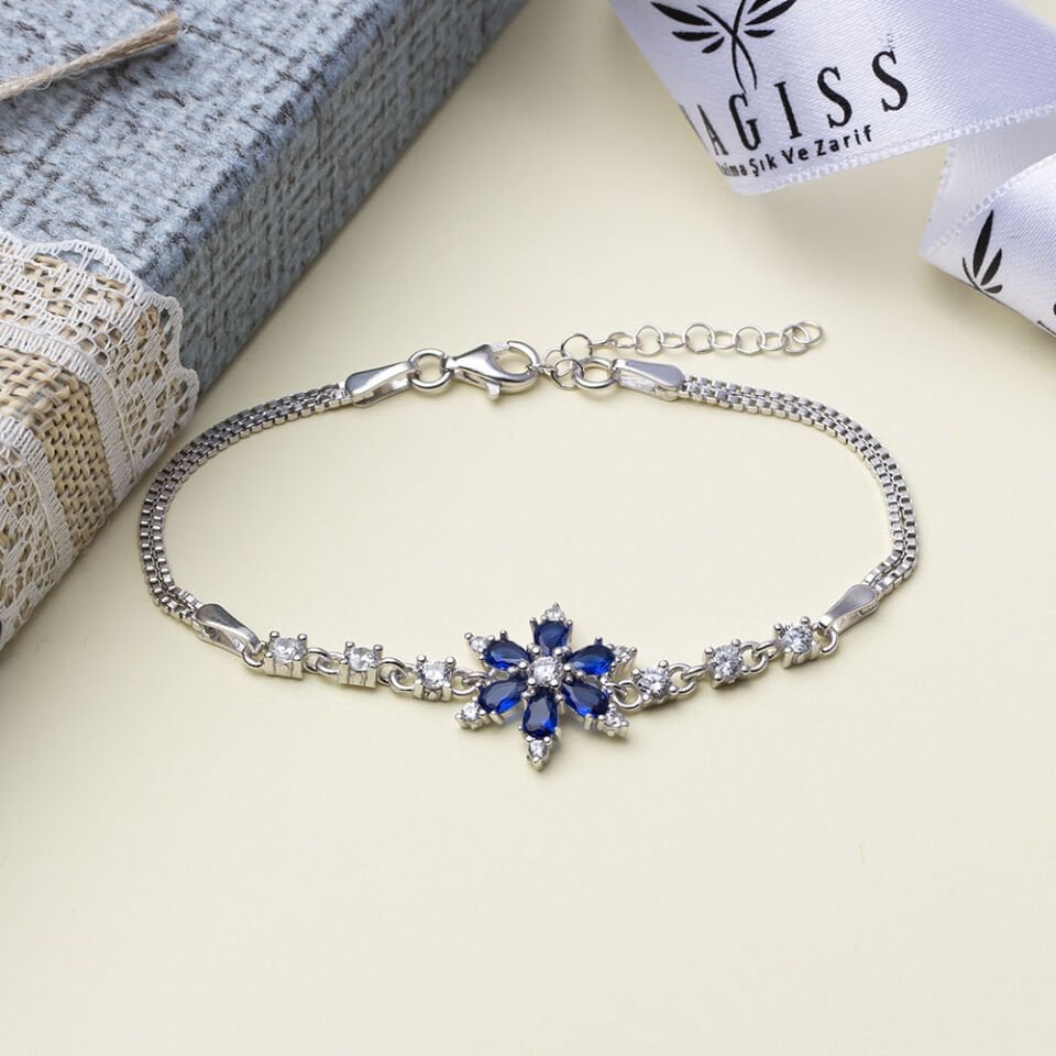 Lotus Model Lacivert Zirkon Taşlı 925 Ayar Gümüş Kadın Bileklik