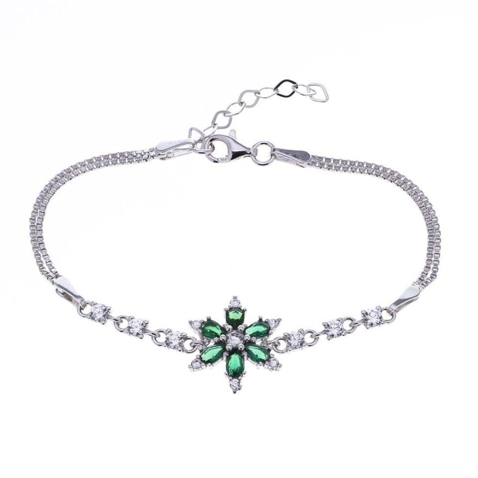 Lotus Model Yeşil Zirkon Taşlı 925 Ayar Gümüş Kadın Bileklik