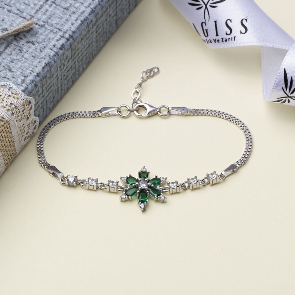Lotus Model Yeşil Zirkon Taşlı 925 Ayar Gümüş Kadın Bileklik