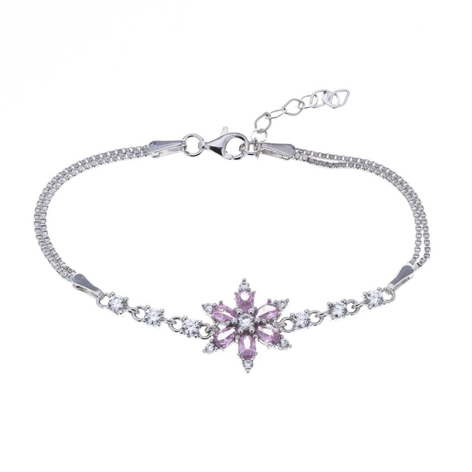 Lotus Model Pembe Zirkon Taşlı 925 Ayar Gümüş Kadın Bileklik