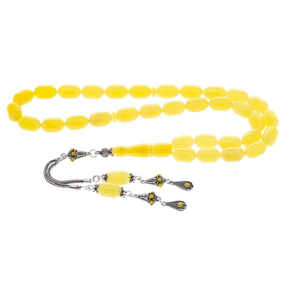 7-12 mm Kapsül Kesim 925 Ayar Gümüş Çift Püsküllü Damla Kehribar Tesbih