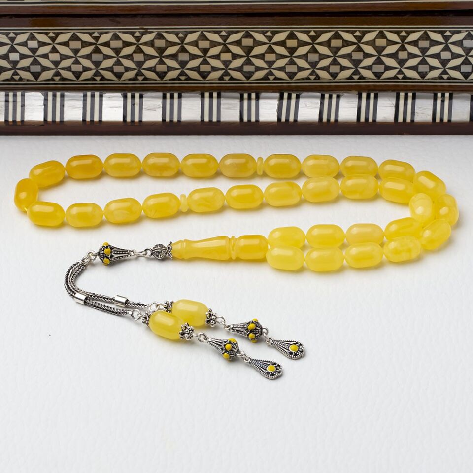 7-12 mm Kapsül Kesim 925 Ayar Gümüş Çift Püsküllü Damla Kehribar Tesbih