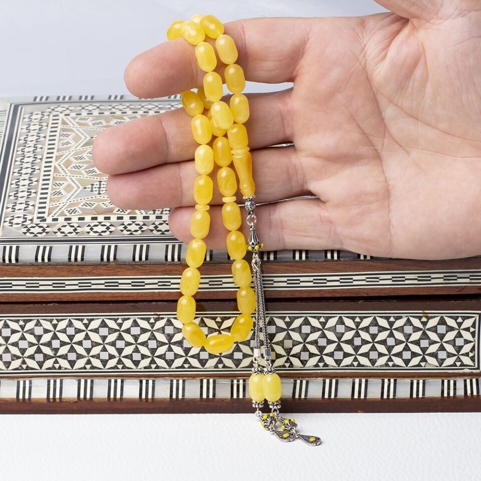 7-12 mm Kapsül Kesim 925 Ayar Gümüş Çift Püsküllü Damla Kehribar Tesbih