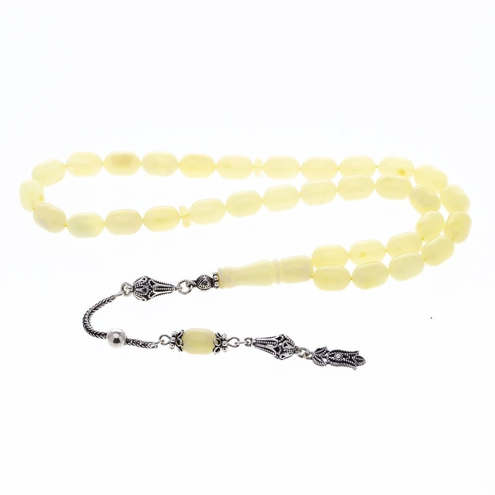 6-9 mm Kapsül Kesim 925 Ayar Gümüş Püsküllü Damla Kehribar Tesbih