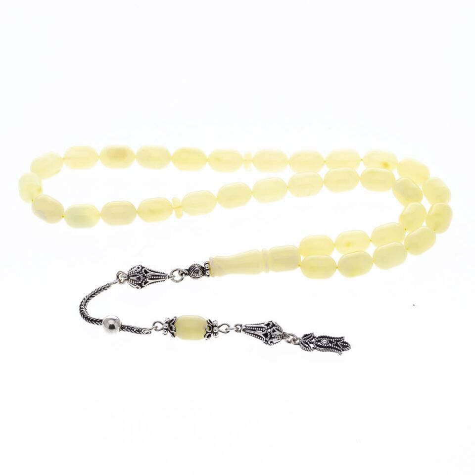 6-9 mm Kapsül Kesim 925 Ayar Gümüş Püsküllü Damla Kehribar Tesbih