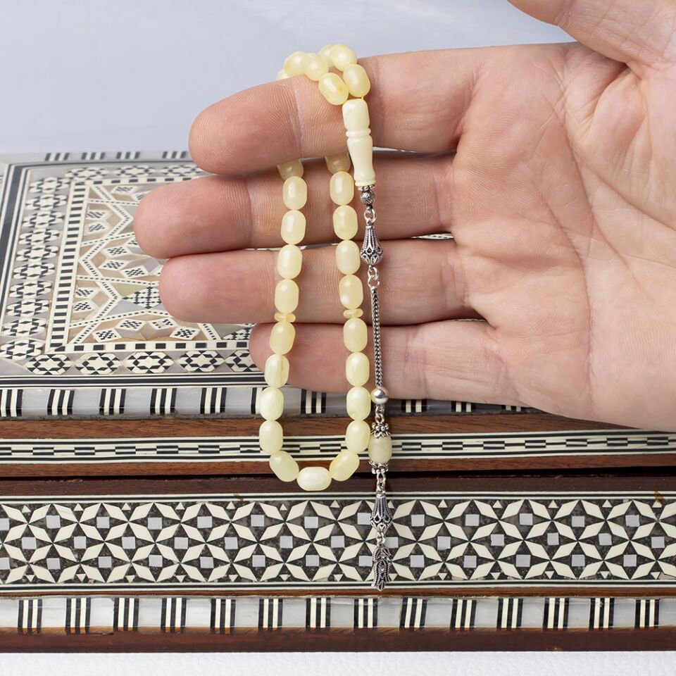 6-9 mm Kapsül Kesim 925 Ayar Gümüş Püsküllü Damla Kehribar Tesbih