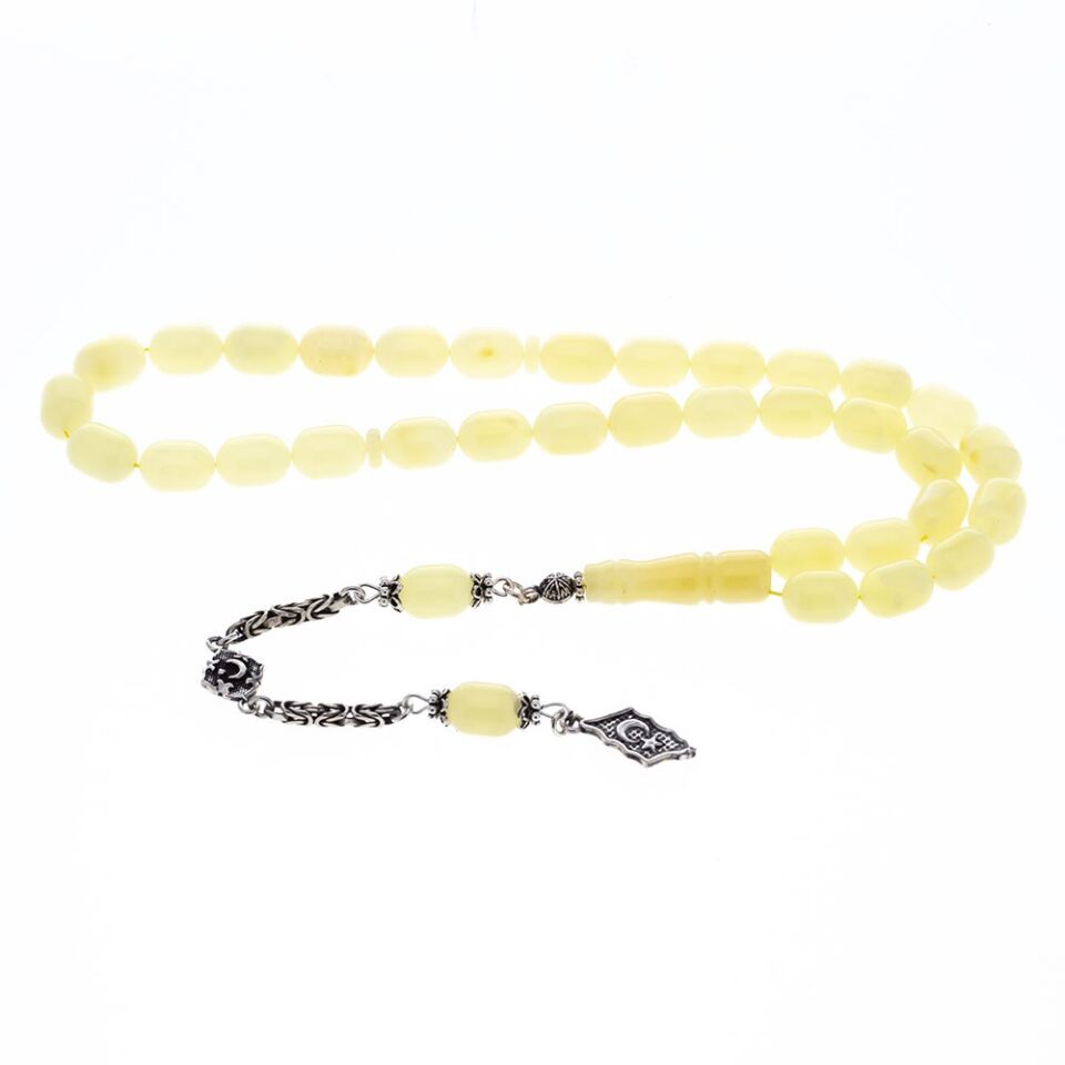 8-12 mm Kapsül Kesim Kral Zincir 925 Ayar Gümüş Püsküllü Damla Kehribar Tesbih