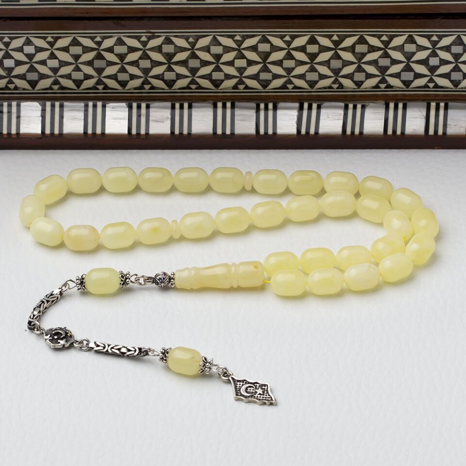 8-12 mm Kapsül Kesim Kral Zincir 925 Ayar Gümüş Püsküllü Damla Kehribar Tesbih