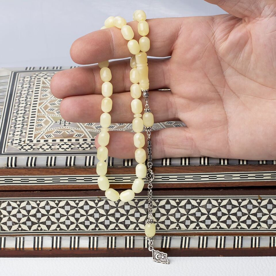 8-12 mm Kapsül Kesim Kral Zincir 925 Ayar Gümüş Püsküllü Damla Kehribar Tesbih